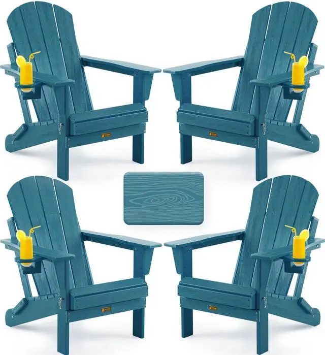 Main image of Folding Adirondack Chair, Patio Chair Wood Texture, Outdoor Chair Weather Resistant, Fire Pit Chair with Cup Holder, Composite Adirondack Chair Set of 4(Navy Blue)