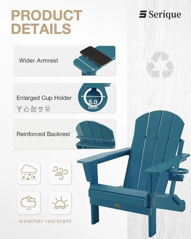Alt view image 5 of 7 - Folding Adirondack Chair, Patio Chair Wood Texture, Outdoor Chair Weather Resistant, Fire Pit Chair with Cup Holder, Composite Adirondack Chair Set of 2(Navy Blue)