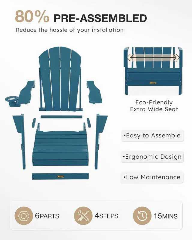 Alt view image 6 of 7 - Folding Adirondack Chair, Patio Chair Wood Texture, Outdoor Chair Weather Resistant, Fire Pit Chair with Cup Holder, Composite Adirondack Chair Set of 2(Navy Blue)