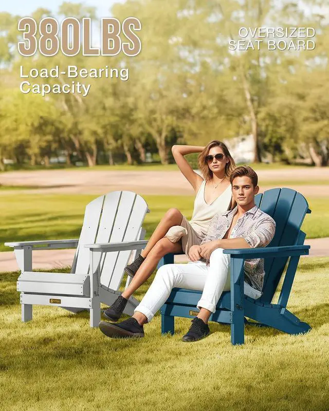 Alt view image 7 of 7 - Folding Adirondack Chair, Patio Chair Wood Texture, Outdoor Chair Weather Resistant, Fire Pit Chair with Cup Holder, Composite Adirondack Chair Set of 2(Navy Blue)