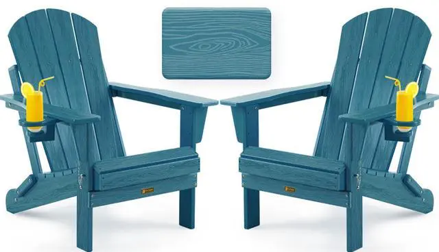Main image of Folding Adirondack Chair, Patio Chair Wood Texture, Outdoor Chair Weather Resistant, Fire Pit Chair with Cup Holder, Composite Adirondack Chair Set of 2(Navy Blue)