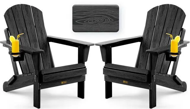 Main image of Folding Adirondack Chair, Patio Chair Wood Texture, Outdoor Chair Weather Resistant, Fire Pit Chair with Cup Holder, Composite Adirondack Chair Set of 2 (Black)