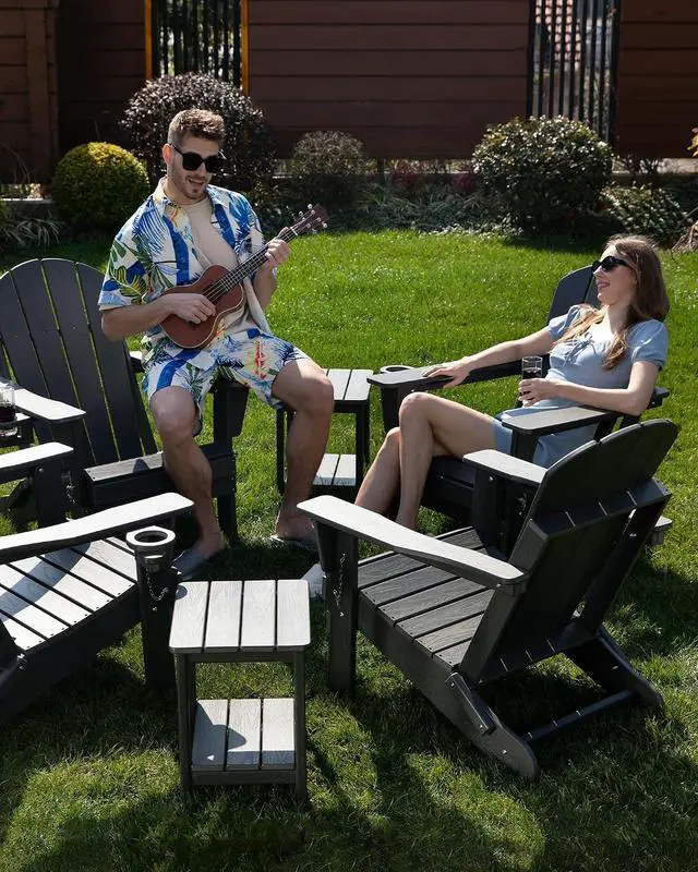 Alt view image 2 of 7 - Folding Adirondack Chair, Patio Chair Wood Texture, Outdoor Chair Weather Resistant, Fire Pit Chair with Cup Holder, Composite Adirondack Chair Set of 2 (Black)