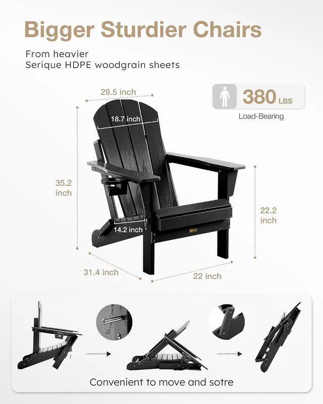 Alt view image 3 of 7 - Folding Adirondack Chair Wood Texture, Patio Chairs Weather Resistant, Outdoor Chair, Lawn Chair with Cup Holder, Fire Pit Chair for Deck, Outdoor, Porch, Backyard (Black)