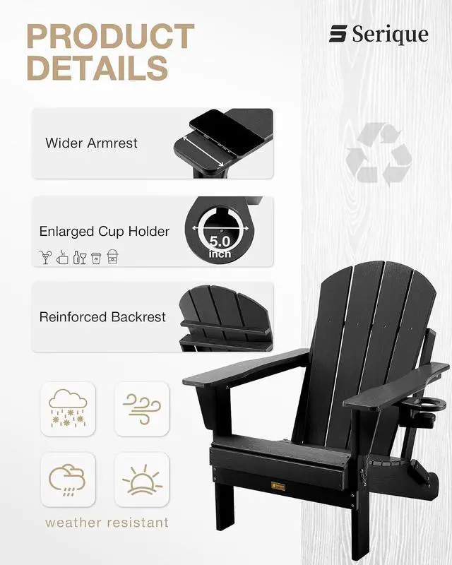 Alt view image 5 of 7 - Folding Adirondack Chair Wood Texture, Patio Chairs Weather Resistant, Outdoor Chair, Lawn Chair with Cup Holder, Fire Pit Chair for Deck, Outdoor, Porch, Backyard (Black)
