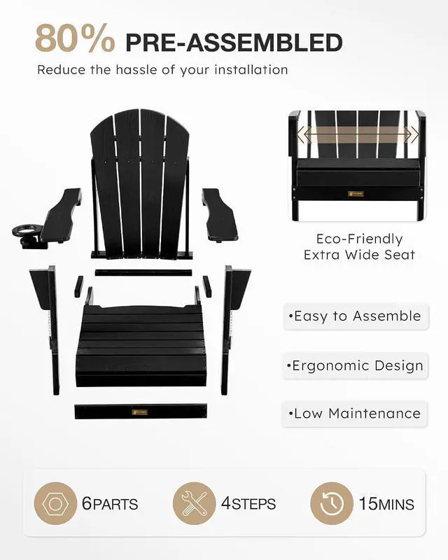 Alt view image 6 of 7 - Folding Adirondack Chair Wood Texture, Patio Chairs Weather Resistant, Outdoor Chair, Lawn Chair with Cup Holder, Fire Pit Chair for Deck, Outdoor, Porch, Backyard (Black)