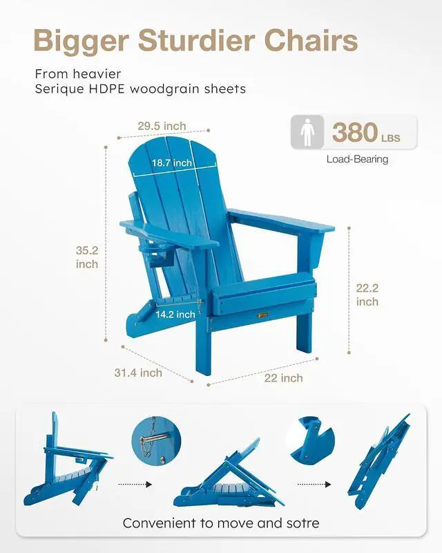 Alt view image 2 of 7 - Folding Adirondack Chair, Patio Chair Wood Texture, Outdoor Chair Weather Resistant, Fire Pit Chair with Cup Holder, Composite Adirondack Chair Set of 2-(Pacific Blue)