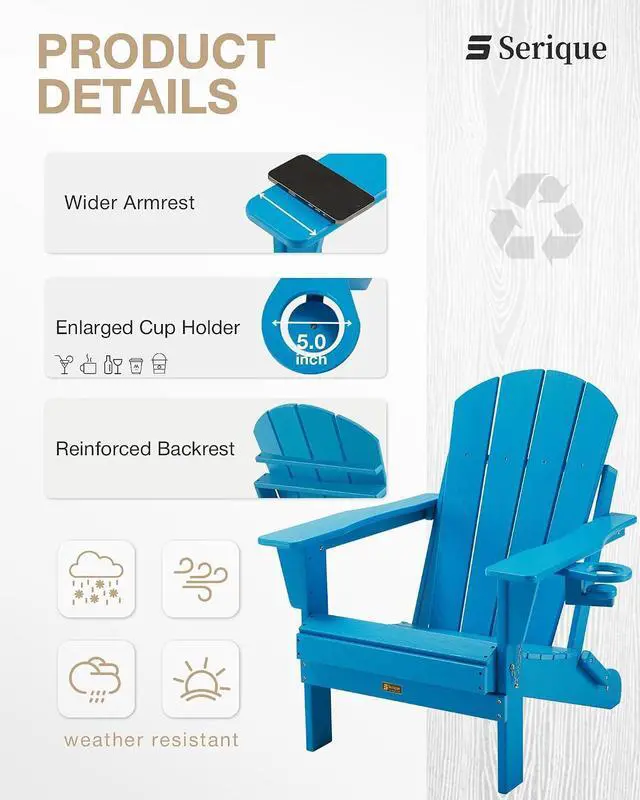 Alt view image 5 of 7 - Folding Adirondack Chair, Patio Chair Wood Texture, Outdoor Chair Weather Resistant, Fire Pit Chair with Cup Holder, Composite Adirondack Chair Set of 2-(Pacific Blue)