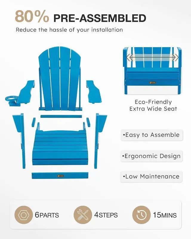 Alt view image 6 of 7 - Folding Adirondack Chair, Patio Chair Wood Texture, Outdoor Chair Weather Resistant, Fire Pit Chair with Cup Holder, Composite Adirondack Chair Set of 2-(Pacific Blue)