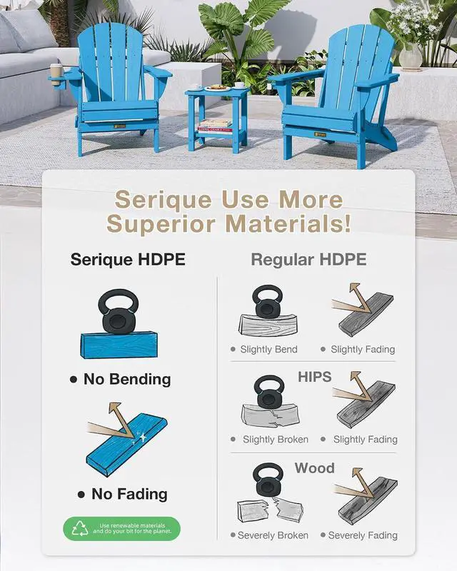 Alt view image 4 of 7 - Folding Adirondack Chair Wood Texture, Patio Chairs Weather Resistant, Outdoor Chair, Lawn Chair with Cup Holder, Fire Pit Chair for Deck, Outdoor, Porch, Backyard (Teak)