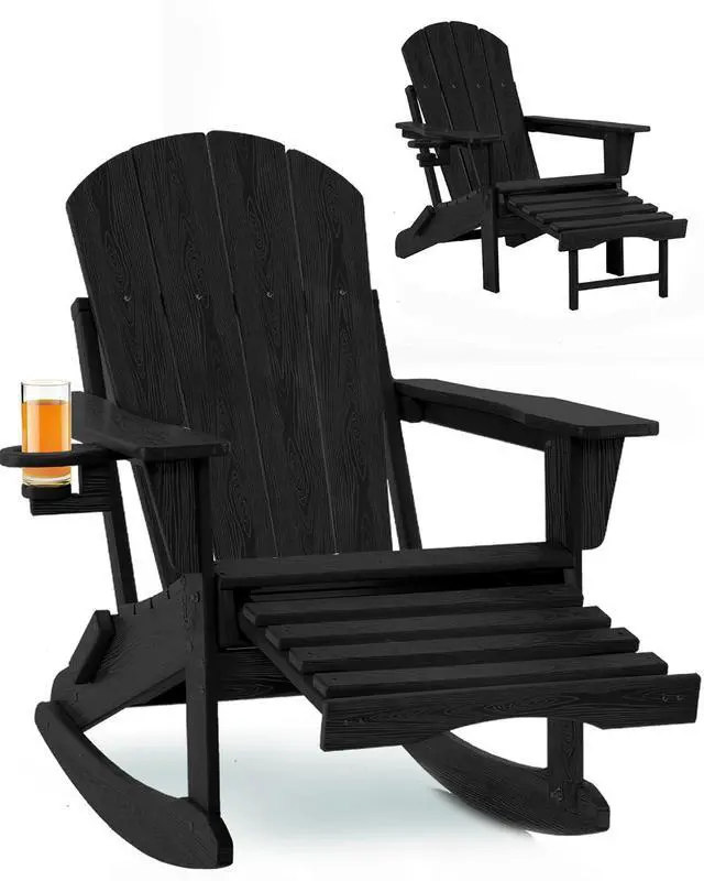 Main image of Folding Adirondack Rocking Chair with Footrest, HDPE Adirondack 4-in-1 Multifunctional Outdoor Chair with Cup Holder, All Weather Adirondack Chair with Ottoman,Black