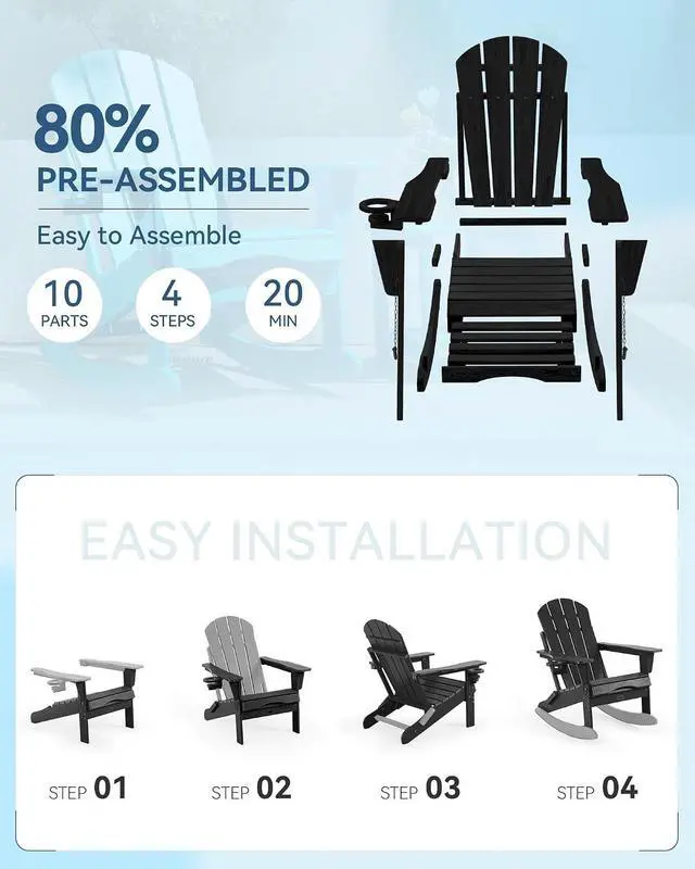 Alt view image 6 of 7 - Folding Adjustable Adirondack Rocking Chair with Footrest, HDPE Adirondack 4-in-1 Multifunctional Outdoor Chair with Cup Holder, All Weather Adirondack Chair with Ottoman,Black