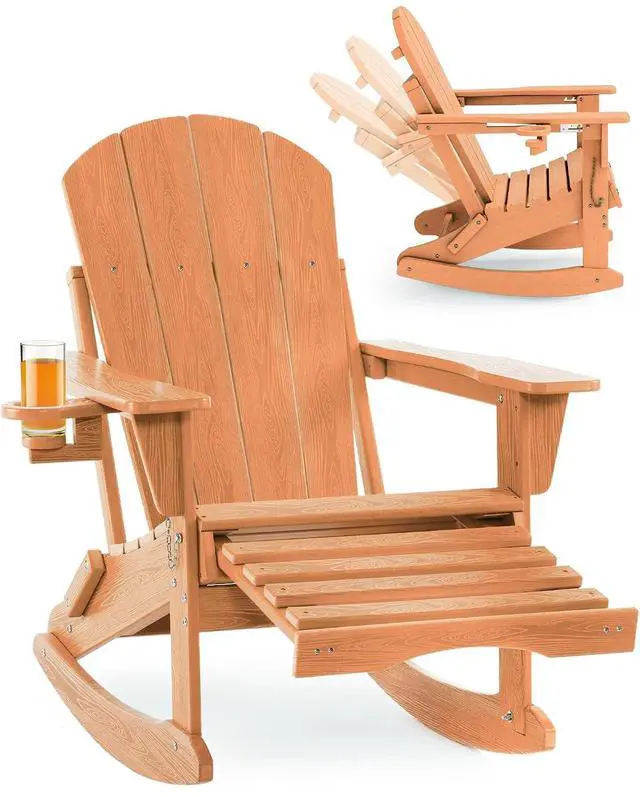 Main image of Folding Adjustable Adirondack Rocking Chair with Footrest, HDPE Adirondack 4-in-1 Multifunctional Outdoor Chair with Cup Holder, All Weather Adirondack Chair with Ottoman