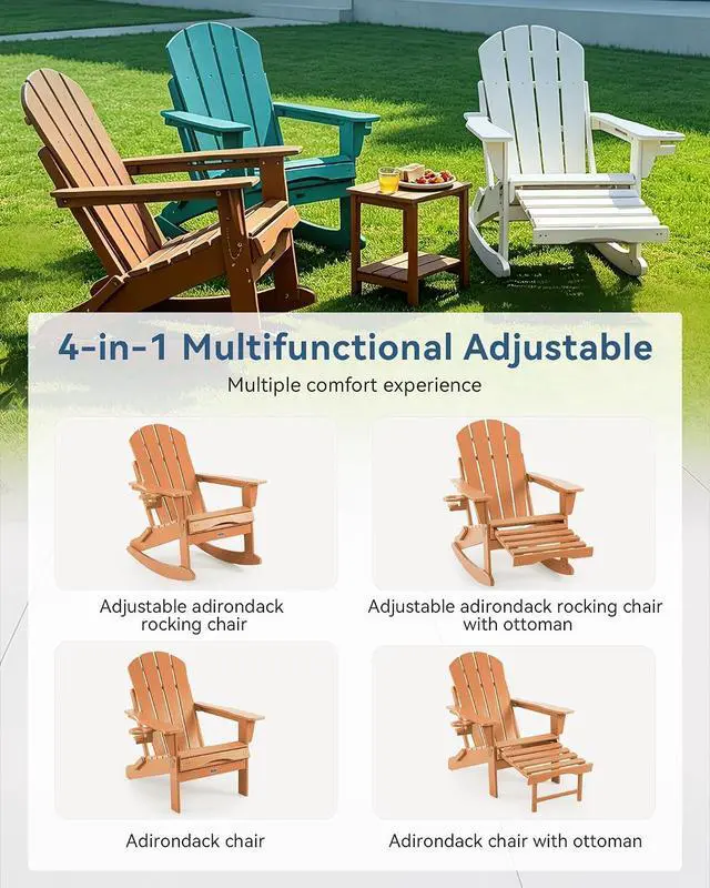 Alt view image 4 of 7 - Folding Adjustable Adirondack Rocking Chair with Footrest, HDPE Adirondack 4-in-1 Multifunctional Outdoor Chair with Cup Holder, All Weather Adirondack Chair with Ottoman
