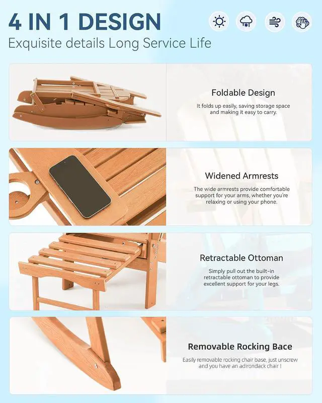 Alt view image 5 of 7 - Folding Adjustable Adirondack Rocking Chair with Footrest, HDPE Adirondack 4-in-1 Multifunctional Outdoor Chair with Cup Holder, All Weather Adirondack Chair with Ottoman