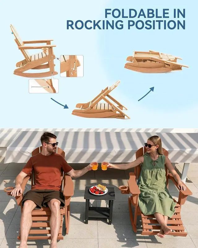 Alt view image 6 of 7 - Folding Adjustable Adirondack Rocking Chair with Footrest, HDPE Adirondack 4-in-1 Multifunctional Outdoor Chair with Cup Holder, All Weather Adirondack Chair with Ottoman