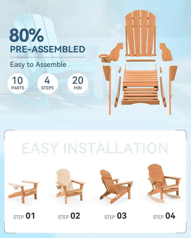 Alt view image 7 of 7 - Folding Adjustable Adirondack Rocking Chair with Footrest, HDPE Adirondack 4-in-1 Multifunctional Outdoor Chair with Cup Holder, All Weather Adirondack Chair with Ottoman