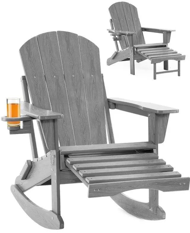 Main image of Folding Adirondack Rocking Chair with Footrest, HDPE Adirondack 4-in-1 Multifunctional Outdoor Chair with Cup Holder, All Weather Adirondack Chair with Ottoman,Grey
