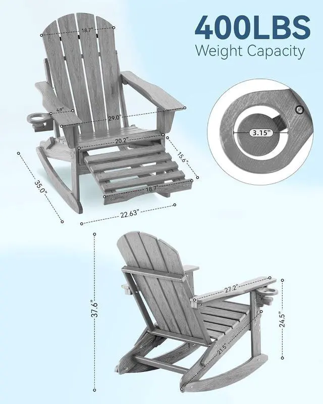 Alt view image 2 of 7 - Folding Adirondack Rocking Chair with Footrest, HDPE Adirondack 4-in-1 Multifunctional Outdoor Chair with Cup Holder, All Weather Adirondack Chair with Ottoman,Grey