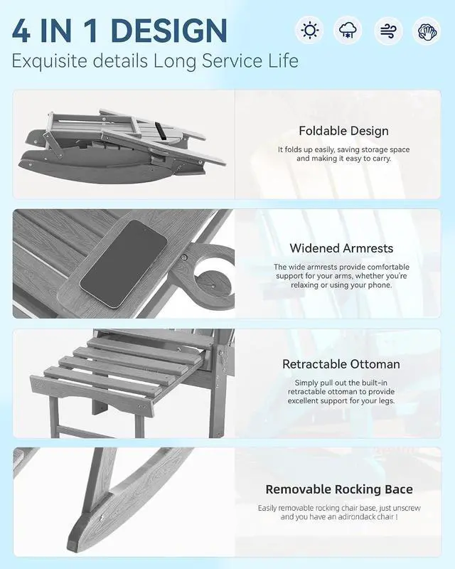 Alt view image 4 of 7 - Folding Adirondack Rocking Chair with Footrest, HDPE Adirondack 4-in-1 Multifunctional Outdoor Chair with Cup Holder, All Weather Adirondack Chair with Ottoman,Grey