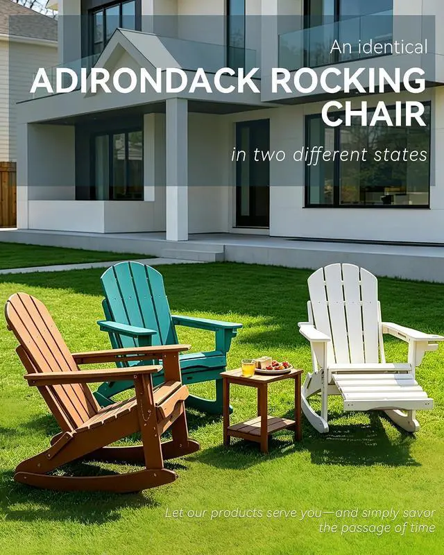 Alt view image 3 of 7 - Folding Adirondack Rocking Chair with Footrest, HDPE Adirondack 4-in-1 Multifunctional Outdoor Chair with Cup Holder, All Weather Adirondack Chair with Ottoman,Grey