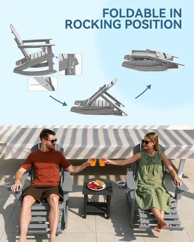 Alt view image 5 of 7 - Folding Adirondack Rocking Chair with Footrest, HDPE Adirondack 4-in-1 Multifunctional Outdoor Chair with Cup Holder, All Weather Adirondack Chair with Ottoman,Grey