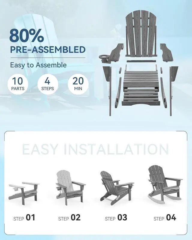 Alt view image 6 of 7 - Folding Adirondack Rocking Chair with Footrest, HDPE Adirondack 4-in-1 Multifunctional Outdoor Chair with Cup Holder, All Weather Adirondack Chair with Ottoman,Grey