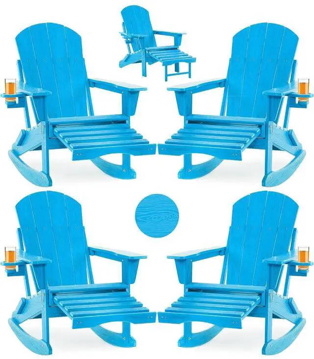 Main image of Adirondack Rocking Chair Set of 4 with Retractable Ottoman and Cup Holders, HDPE Adirondack 4-in-1 Multifunctional Rocker Patio Rocking Chair for Porch, Patio, Balcony