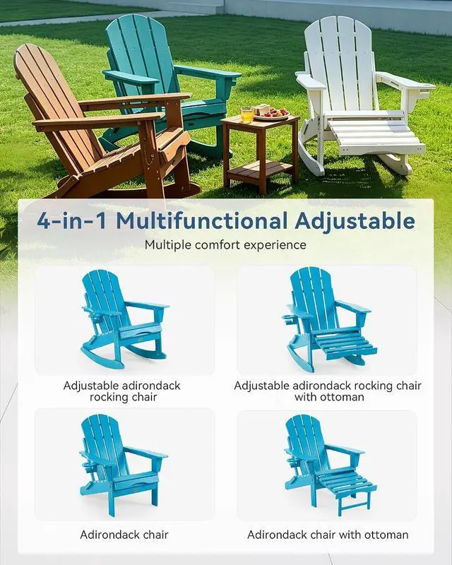 Alt view image 4 of 7 - Adirondack Rocking Chair Set of 4 with Retractable Ottoman and Cup Holders, HDPE Adirondack 4-in-1 Multifunctional Rocker Patio Rocking Chair for Porch, Patio, Balcony