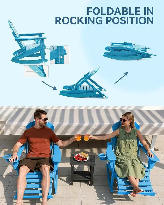Alt view image 5 of 7 - Adirondack Rocking Chair Set of 4 with Retractable Ottoman and Cup Holders, HDPE Adirondack 4-in-1 Multifunctional Rocker Patio Rocking Chair for Porch, Patio, Balcony