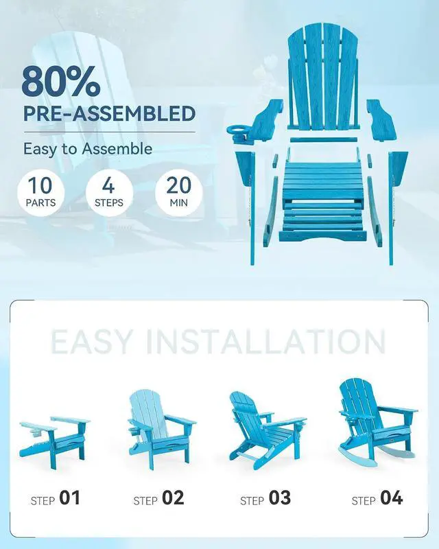 Alt view image 6 of 7 - Adirondack Rocking Chair Set of 4 with Retractable Ottoman and Cup Holders, HDPE Adirondack 4-in-1 Multifunctional Rocker Patio Rocking Chair for Porch, Patio, Balcony