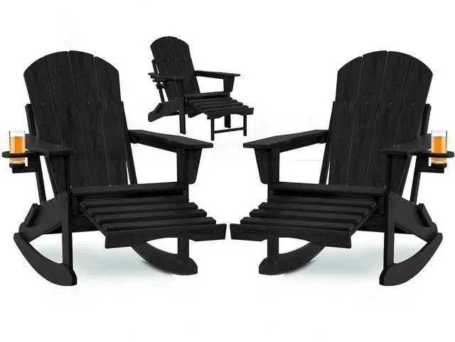 Main image of Adirondack Rocking Chair Set of 2 with Retractable Ottoman and Cup Holders, HDPE Adirondack 4-in-1 Multifunctional Rocker Patio Rocking Chair for Porch, Patio, Balcony