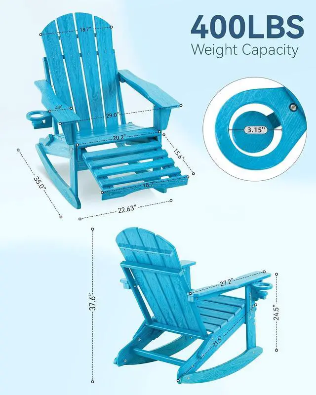 Alt view image 2 of 7 - Adirondack Rocking Chair Set of 4 with Retractable Ottoman and Cup Holders, HDPE Adirondack 4-in-1 Multifunctional Rocker Patio Rocking Chair for Porch, Patio, Balcony