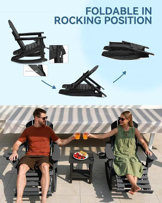 Alt view image 3 of 3 - Adirondack Rocking Chair Set of 2 with Retractable Ottoman and Cup Holders, HDPE Adirondack 4-in-1 Multifunctional Rocker Patio Rocking Chair for Porch, Patio, Balcony