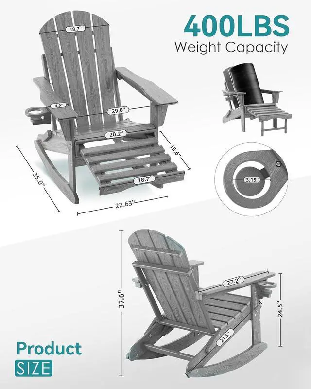 Alt view image 2 of 7 - Adjustable Adirondack Rocking Chair with Retractable Ottoman, 4-in-1 Multifunctional Folding Patio Chair with Cup Holder, Outdoor Chair Wood Texture for Lawn, Porch, Backyard, Pool(Grey)