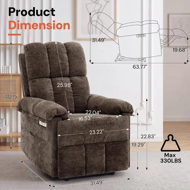 Alt view image 2 of 7 - Korser Power Recliner Chair, Electric Recliners for Adults, Small Recliners for Small Spaces, Upholstered Recliner with USB & Type-C Charging Ports, Nursery Chair for Living Room, Chenille, Brown