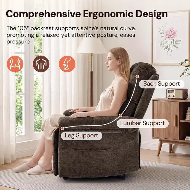 Alt view image 4 of 7 - Korser Power Recliner Chair, Electric Recliners for Adults, Small Recliners for Small Spaces, Upholstered Recliner with USB & Type-C Charging Ports, Nursery Chair for Living Room, Chenille, Brown