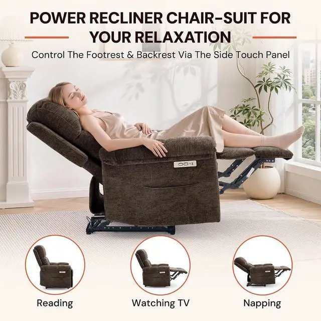 Alt view image 3 of 7 - Korser Power Recliner Chair, Electric Recliners for Adults, Small Recliners for Small Spaces, Upholstered Recliner with USB & Type-C Charging Ports, Nursery Chair for Living Room, Chenille, Brown