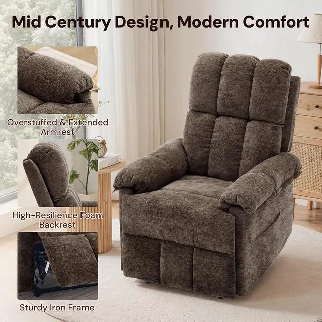 Alt view image 6 of 7 - Korser Power Recliner Chair, Electric Recliners for Adults, Small Recliners for Small Spaces, Upholstered Recliner with USB & Type-C Charging Ports, Nursery Chair for Living Room, Chenille, Brown