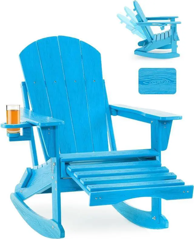 Main image of Folding Adjustable Adirondack Rocking Chair with Footrest, HDPE Adirondack 4-in-1 Multifunctional Outdoor Chair with Cup Holder, All Weather Adirondack Chair with Ottoman