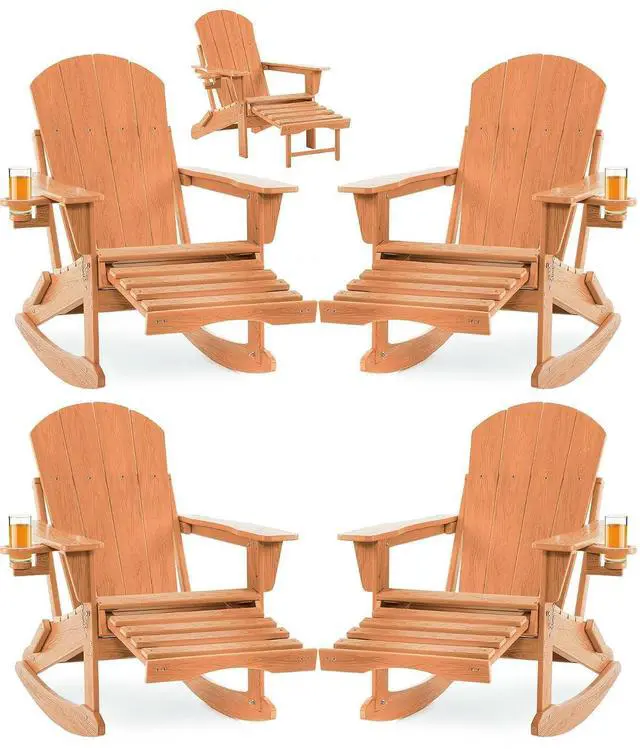 Main image of Adirondack Rocking Chair Set of 4 with Retractable Ottoman and Cup Holders, HDPE Adirondack 4-in-1 Multifunctional Rocker Patio Rocking Chair for Porch, Patio, Balcony