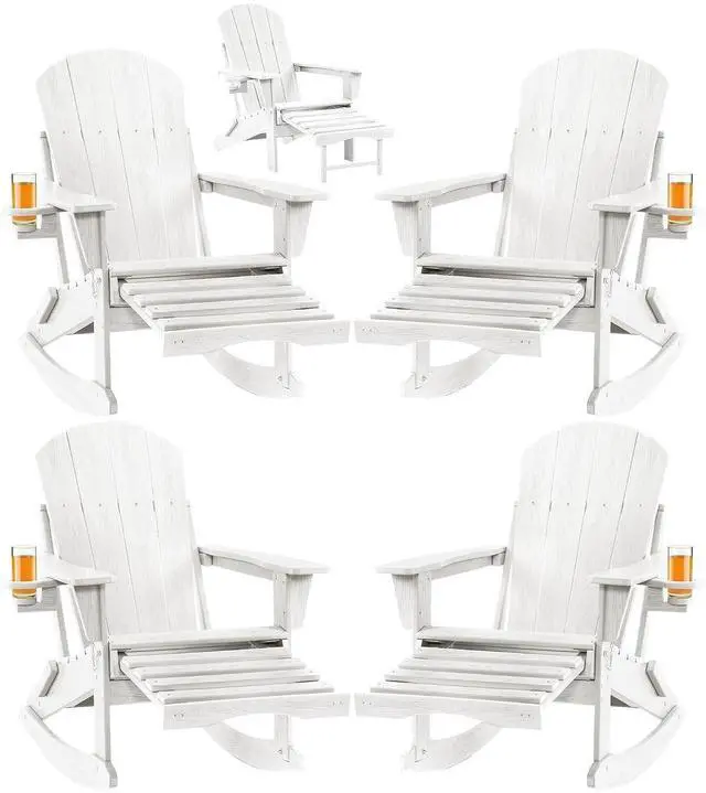 Main image of Adirondack Rocking Chair Set of 4 with Retractable Ottoman and Cup Holders, HDPE Adirondack 4-in-1 Multifunctional Rocker Patio Rocking Chair for Porch, Patio, Balcony