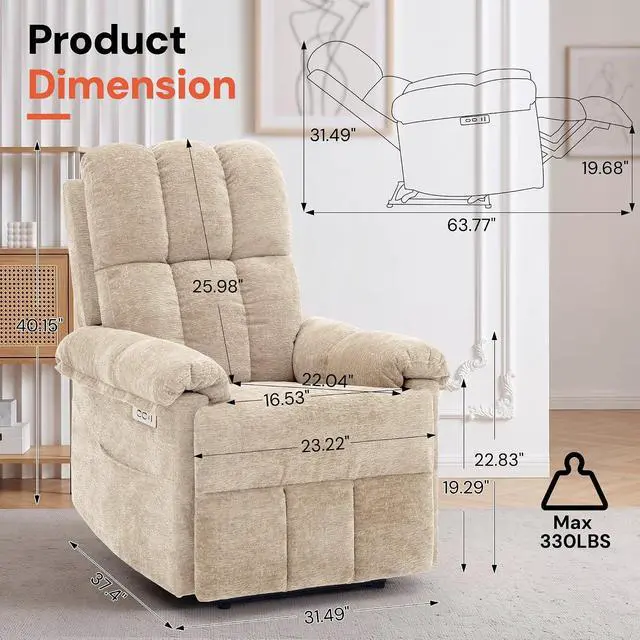 Alt view image 2 of 7 - Korser Power Recliner Chair, Electric Recliners for Adults, Small Recliners for Small Spaces, Upholstered Recliner with USB & Type-C Charging Ports, Nursery Chair for Living Room, Chenille, Khaki