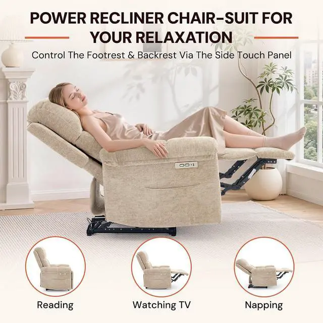 Alt view image 3 of 7 - Korser Power Recliner Chair, Electric Recliners for Adults, Small Recliners for Small Spaces, Upholstered Recliner with USB & Type-C Charging Ports, Nursery Chair for Living Room, Chenille, Khaki