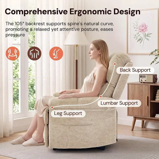Alt view image 4 of 7 - Korser Power Recliner Chair, Electric Recliners for Adults, Small Recliners for Small Spaces, Upholstered Recliner with USB & Type-C Charging Ports, Nursery Chair for Living Room, Chenille, Khaki