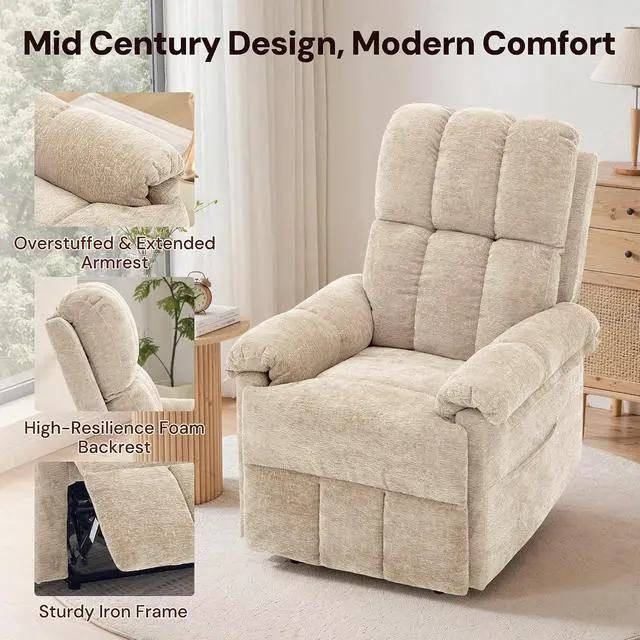 Alt view image 6 of 7 - Korser Power Recliner Chair, Electric Recliners for Adults, Small Recliners for Small Spaces, Upholstered Recliner with USB & Type-C Charging Ports, Nursery Chair for Living Room, Chenille, Khaki