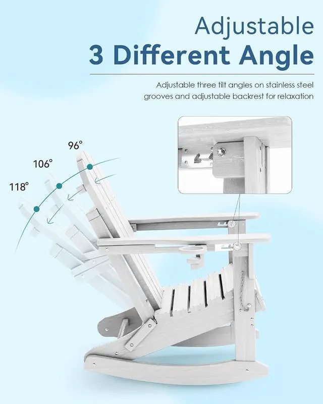 Alt view image 3 of 7 - Folding Adjustable Adirondack Rocking Chair with Footrest, HDPE Adirondack 4-in-1 Multifunctional Outdoor Chair with Cup Holder, All Weather Adirondack Chair with Ottoman