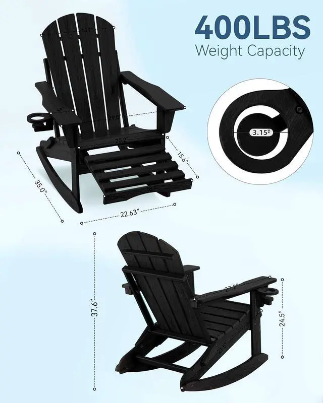 Alt view image 2 of 7 - Folding Adjustable Adirondack Rocking Chair with Footrest, HDPE Adirondack 4-in-1 Multifunctional Outdoor Chair with Cup Holder, All Weather Adirondack Chair with Ottoman,Black