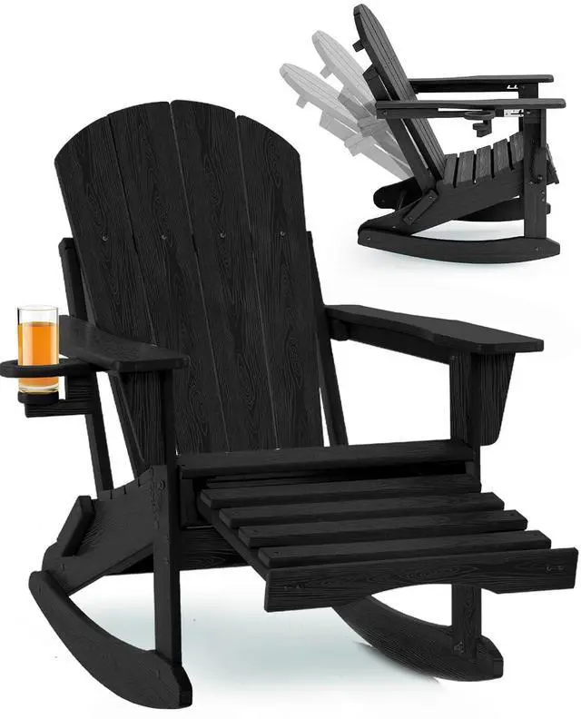 Main image of Folding Adjustable Adirondack Rocking Chair with Footrest, HDPE Adirondack 4-in-1 Multifunctional Outdoor Chair with Cup Holder, All Weather Adirondack Chair with Ottoman,Black