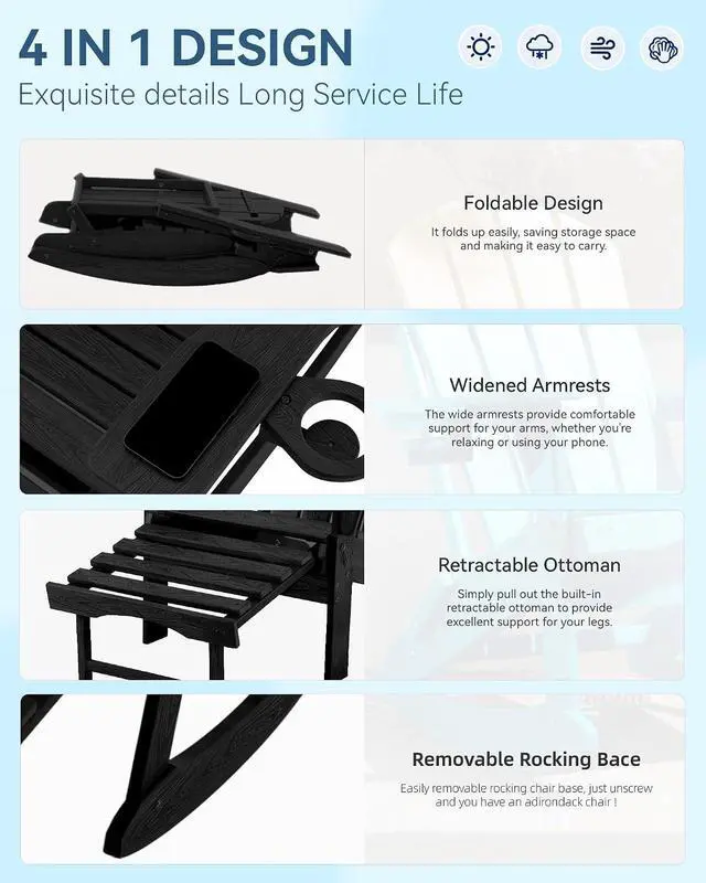 Alt view image 4 of 7 - Folding Adjustable Adirondack Rocking Chair with Footrest, HDPE Adirondack 4-in-1 Multifunctional Outdoor Chair with Cup Holder, All Weather Adirondack Chair with Ottoman,Black